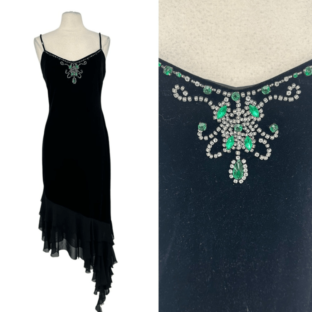 Vintage Y2K Whimsigoth Eliza J Midi Dress Velvet Black Rhinestone Witchy Fairy